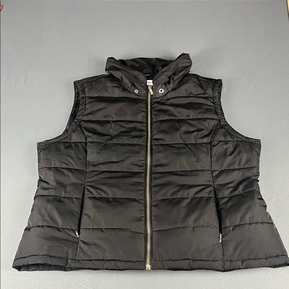 Calvin Klein Puffer Vest Womens XL Black Quilted Gold Zip Sleeveless Jacket